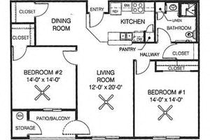 Floor plan for 2 beds, 1 bath, 1075 sqft
